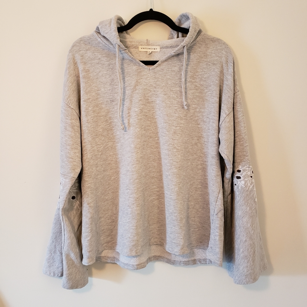 Retrology Gray Hoodie w/ Embroidered Bell Sleeves
